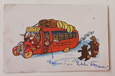 Joulupukki sotilasbussin kuskina, karhut, Kenttäpostia 1939