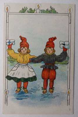 Joulukortti, lapset heiluttavat lahjapakettia