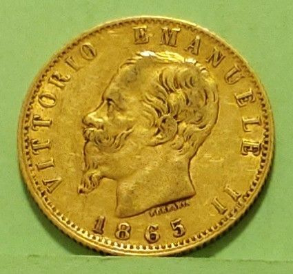 Italia 20 Lire 1865 kulta raha. Kunto hyvä.