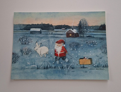 "Tonttu vetää lahjakelkkaa..jänis"-KULKEMATON JOULUKORTTI