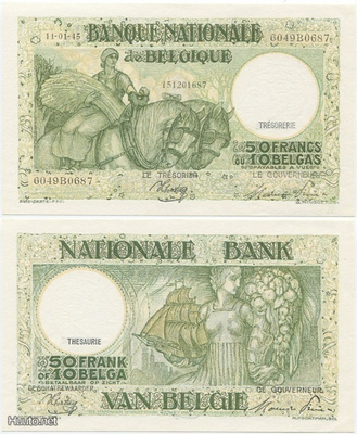 Belgia 50 Francs 1945 (P-106) UNC harvinainen