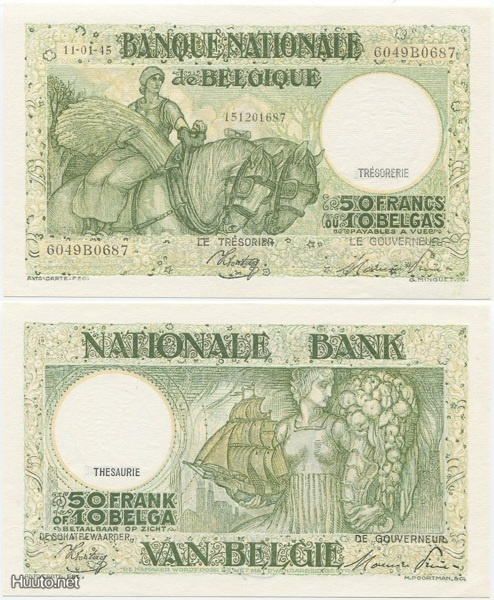 Belgia 50 Francs 1945 (P-106) UNC harvinainen