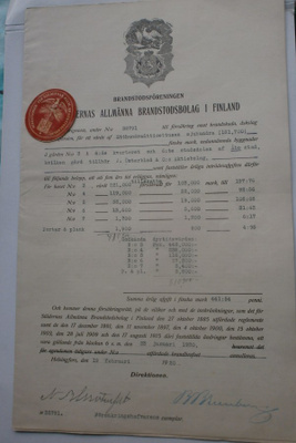 Turku, 1920, palovakuutuskirja