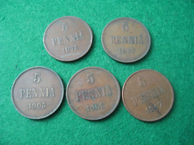 5 kpl 5 penniä - 1875-1917