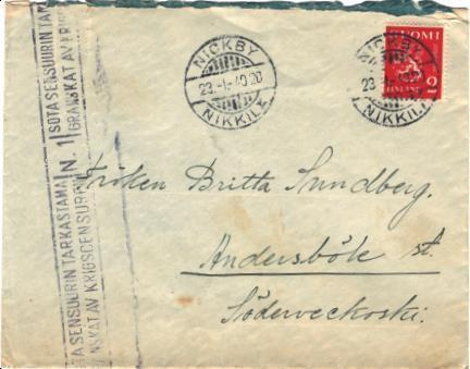 POSTILÄHETYS NIKKILÄ -ANDERSBÖLE SOTASENSUURI