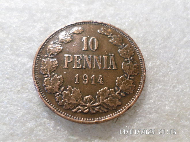 10 penniä  1914 kulkematon hieman  tasaisesti   patinoitunut