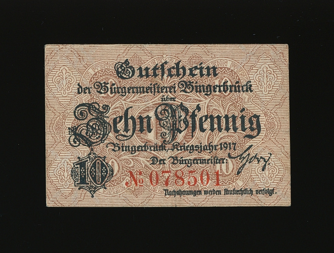 Saksa Notgeld 10 Pfennig, Bingerbrück 1917 VF