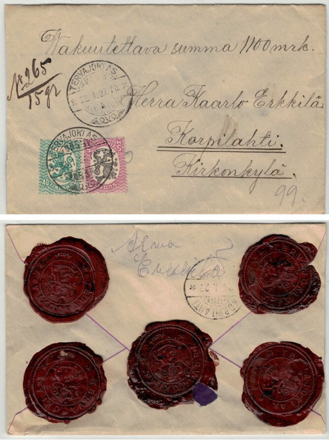 1927 vakuutettu kirje  TERVAJOKI AS