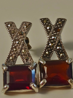 925 Sterling Silver Garnet & Marcasite Earrings