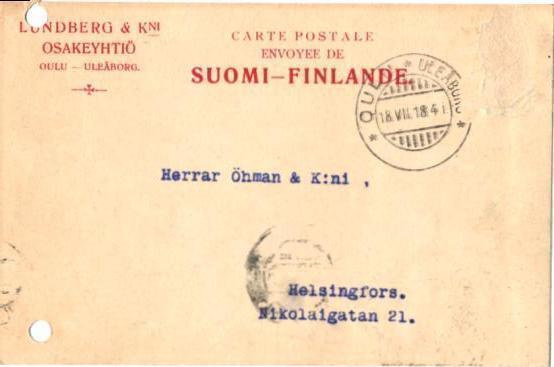 FIRMA.K OULU CARTE POSTALE ENVOYEE DE SUOMI FINLAND
