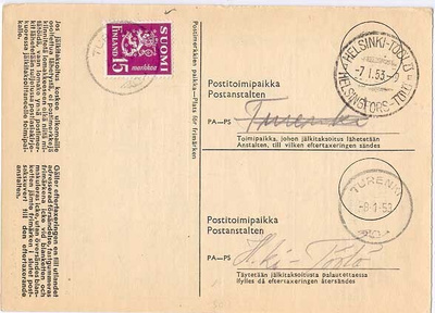 M30 1950 15mk violetti jälkitaksoitus TURENKI -53