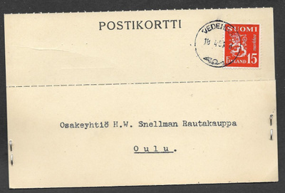 Postilähetys - Yl.m. 15mk (LAPE 400) Vedenoja 18.4.1953