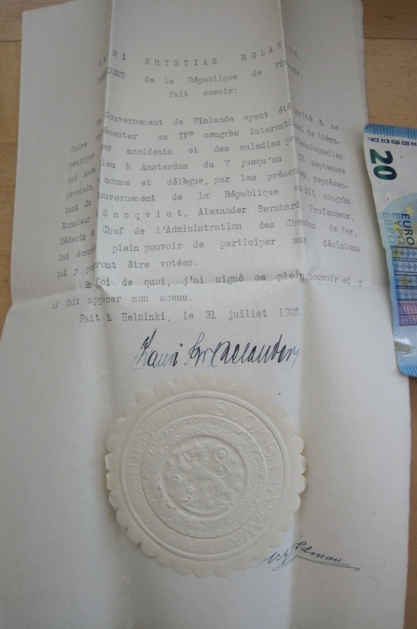 VANHA Valtakirja Presidentti Relander Nimmari 1925
