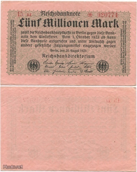 Saksa (Weimar) 5 Milj. Mark 1923 (P-105 / Ro.104b) aUNC