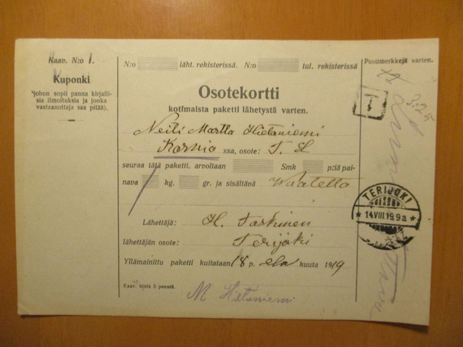 1919 Terijoki lunastusosoitekortti Karviaan