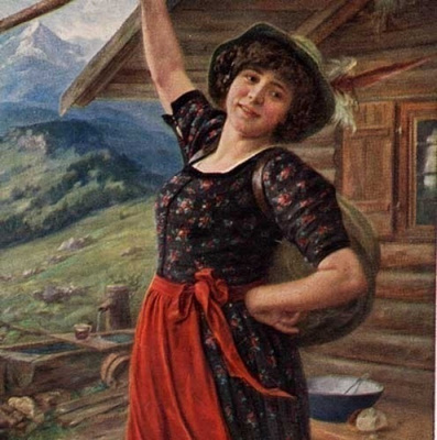 NAINEN / Vitaalinen vuoriston tyttö kukkamekossa. 1910-l.