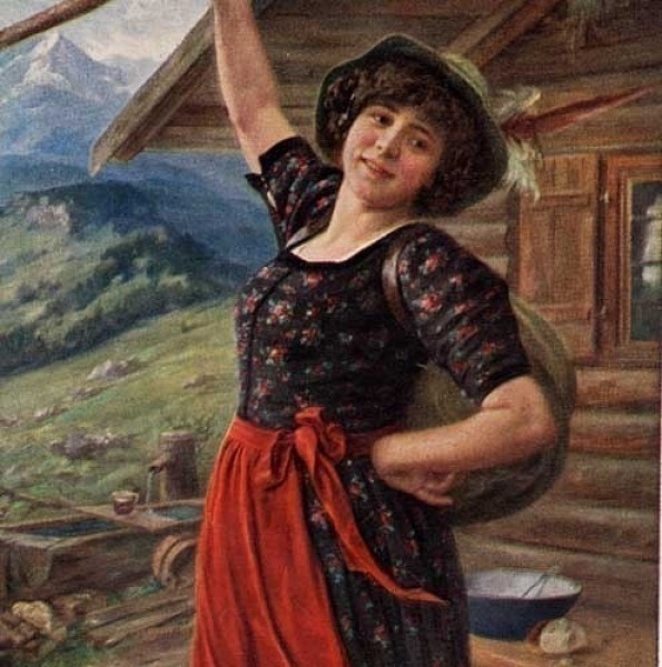 NAINEN / Vitaalinen vuoriston tyttö kukkamekossa. 1910-l.