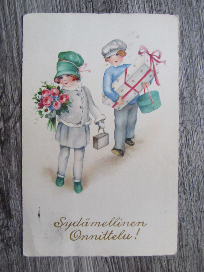 Sydämellinen Onnittelu.....vanha piirroskortti.
