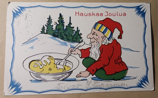 Iäkäs tonttu puurovadin vierellä, p. 1931