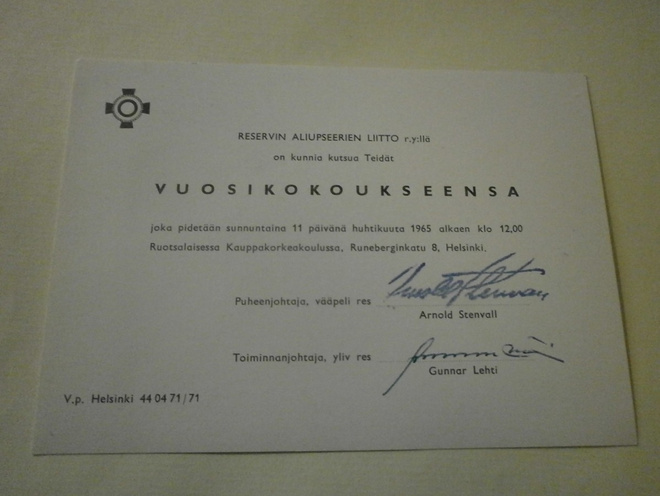 1965, Reservin Aliupseerien Liitto ry:n vuosikokouskutsu
