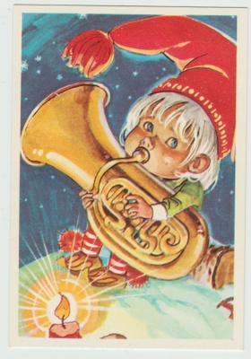 Tonttu soittaa torvea ( 7x11 cm ) (T)