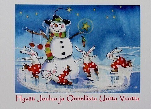 Lumiukko ja luistelijat Joulukortti
