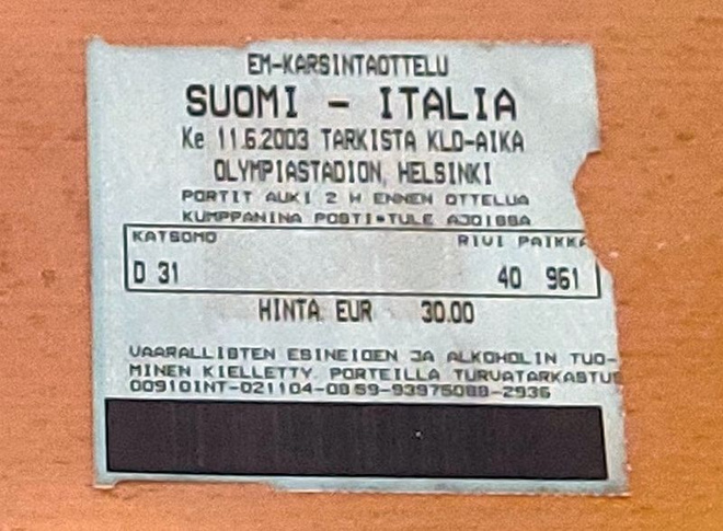 Jalkapallon EM-karsinta 2003 Suomi-Italia pääsylippu