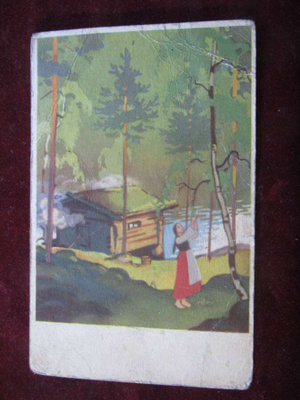 Sauna järvenrannassa. Wendelin. Postikortti