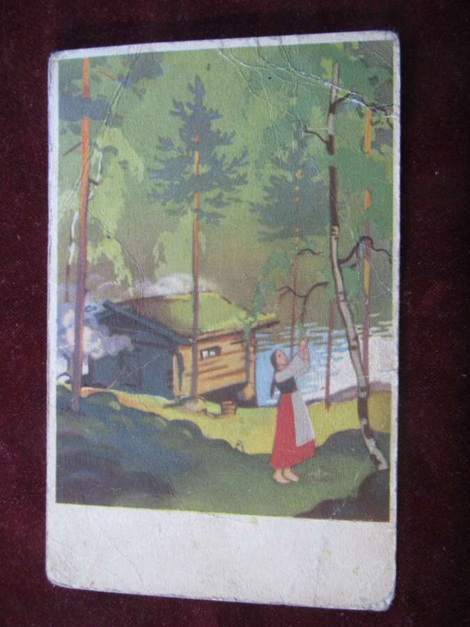 Sauna järvenrannassa. Wendelin. Postikortti