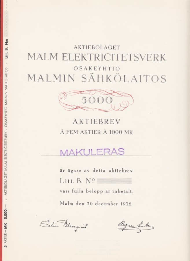 OKK 1938 Malmin Sähkölaitos Oy bla, Malmi osakekirja