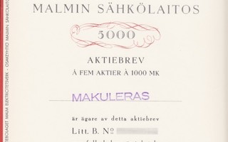 OKK 1938 Malmin Sähkölaitos Oy bla, Malmi osakekirja