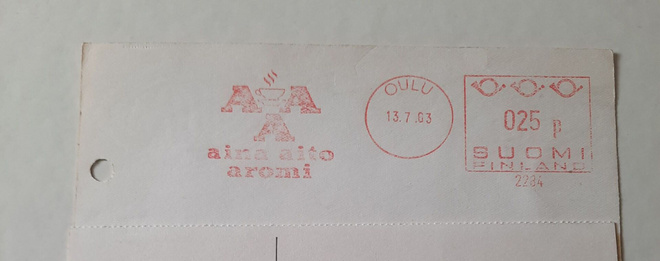 Kuva/firmaleima, AinaAitoAromi, Oulu 13.7.63