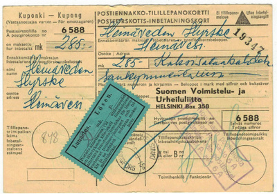 1953 postiennakkopaketin palautus postiennakko-tilillepanoko
