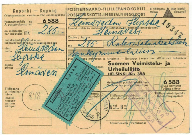 1953 postiennakkopaketin palautus postiennakko-tilillepanoko