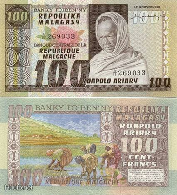 Madagascar 100 Francs v.1974 (P-63) UNC harvinainen