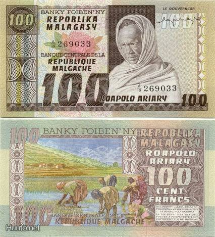 Madagascar 100 Francs v.1974 (P-63) UNC harvinainen