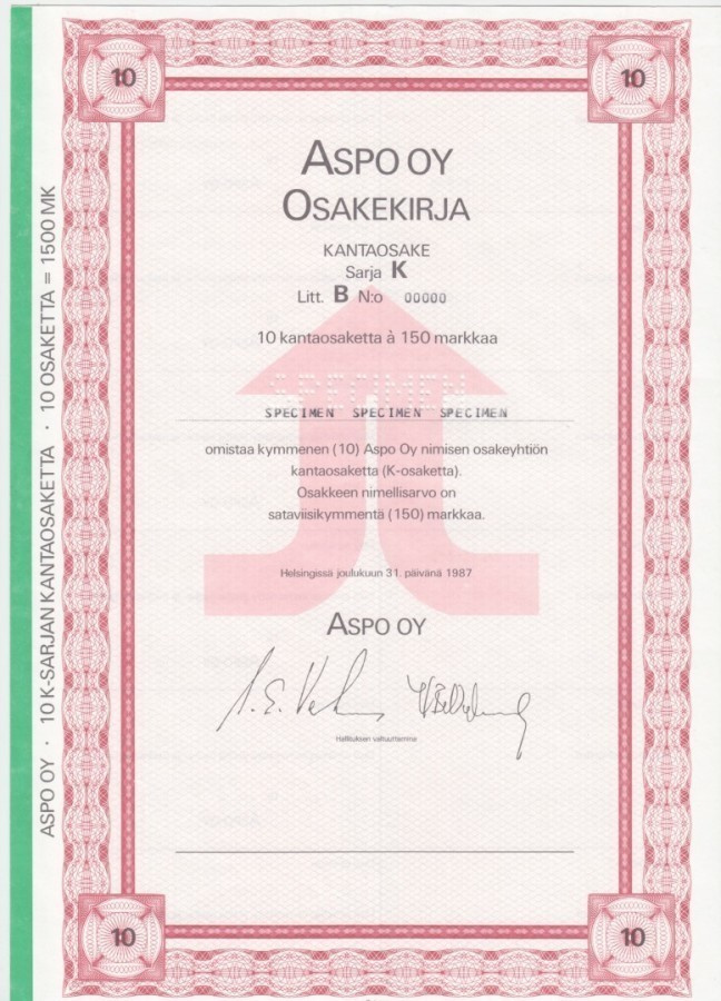 OKK 1987 Aspo Oy spec, Helsinki pörssi osakekirja