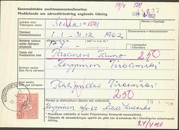 M54 1956 20 (mk) sanomalehden osoitteen muutos