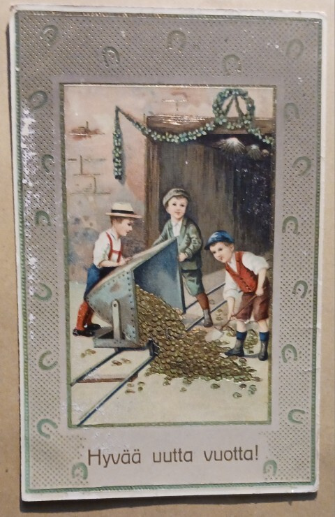 Pojat kaatavat vaunun täynnä kultarahoja, Uusi Vuosi p. 1913