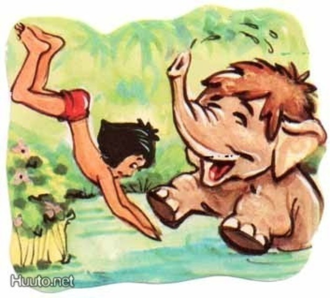 EO 9004 DISNEY / VIIDAKKOKIRJA: Hathi norsu ja Mowgli uivat.