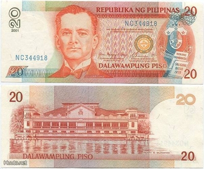 Filippiinit 20 Piso 2001 (P-182g) UNC sininen sn