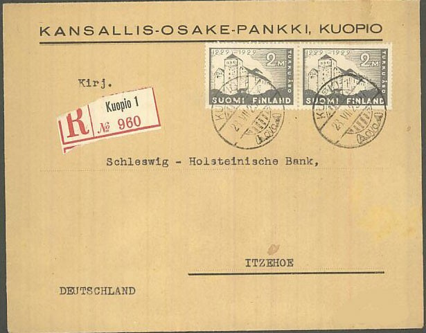 1929 Turku 2,00 mk   pari R-kirje Saksaan