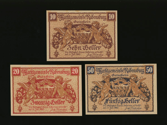 Itävalta Notgeld 10, 20, 50 Heller, Rabensburg 1920