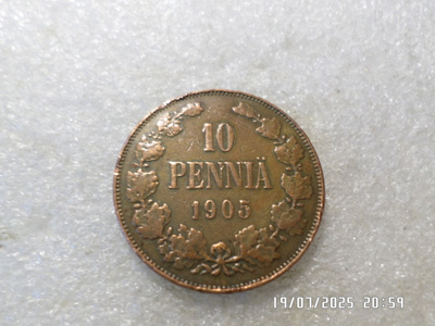 10  penniä  1905  kulkematon  hieman patinoitunut.  kl 9