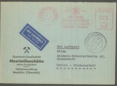 Bund 1956 frankkeerausleimakuori lentopostissa Berliiniin
