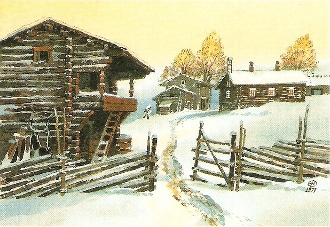 Talvinen pihapiiri, hirsiaitta, riukuaita