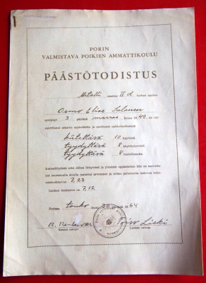 Ammattikoulu päästötodistus 1964