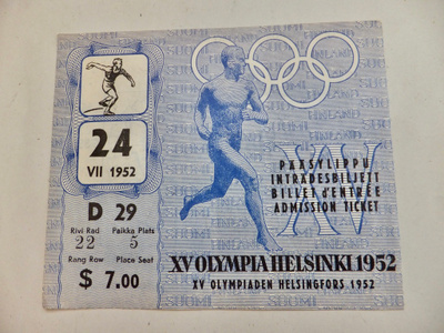 VANHA Lippu Pääsylippu Olympia Helsinki 1952 24.7.52 Stadion