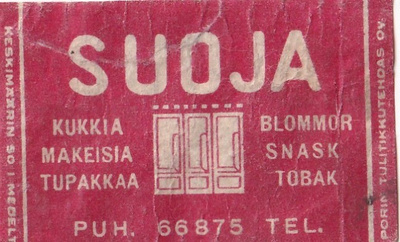 SUOJA, kukkia, makeisia. tupakkaa. , s77