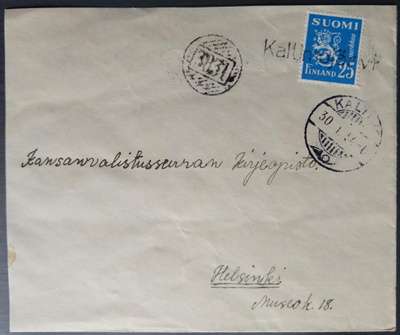 Pp-leima KALTIMOJÄRVI/ mlk-leima 3831 kirjeellä 1954